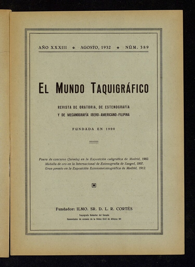 Miniatura de El Mundo Taquigráfico: revista mensual hispano-americana de oratoria y de estenografía. Agosto de 1932, nº 389