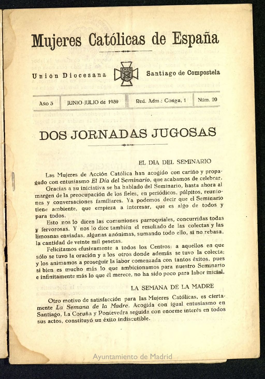 Miniatura de Mújeres católicas de España : Unión Diocesana Santiago de Compostela de junio y julio de 1939, nº 20