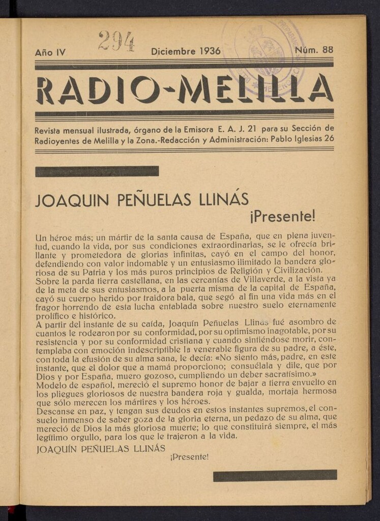 Miniatura de Radio Melilla de diciembre de 1936, nº 88
