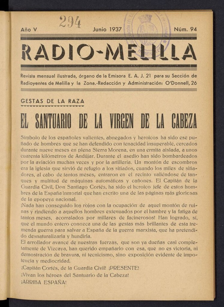 Miniatura de Radio Melilla de junio de 1937, nº 94