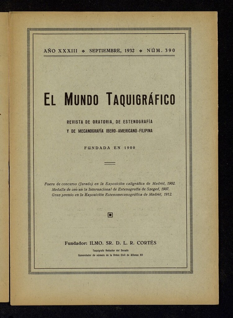 Miniatura de El Mundo Taquigráfico: revista mensual hispano-americana de oratoria y de estenografía. Septiembre de 1932, nº 390