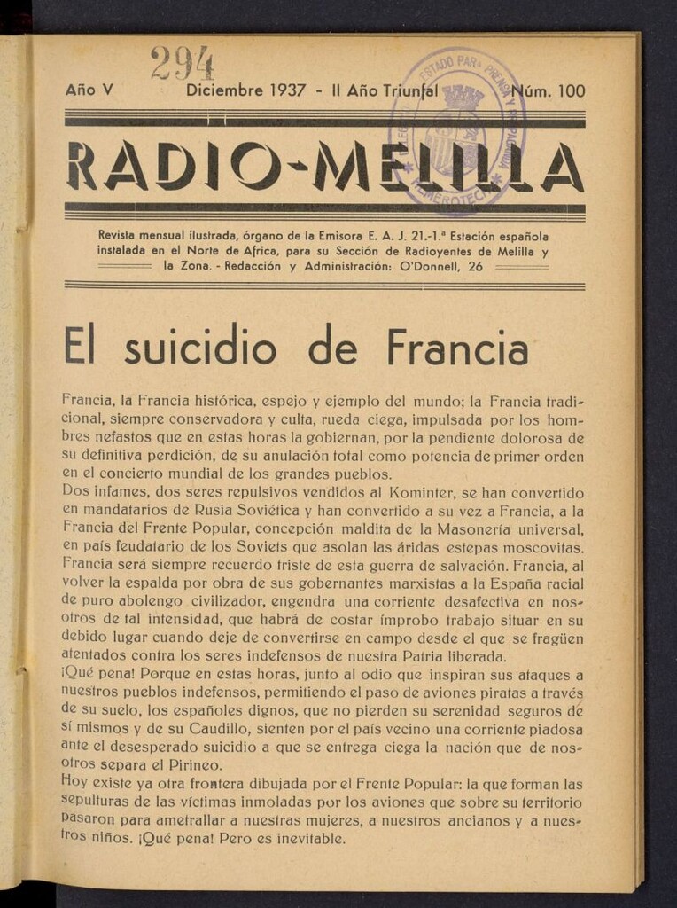 Miniatura de Radio Melilla de diciembre de 1937, nº 100