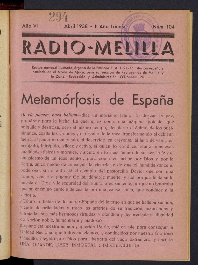 Miniatura de Radio Melilla de abril de 1938, nº 104
