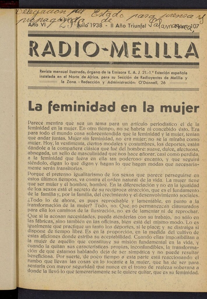 Miniatura de Radio Melilla de julio de 1938, nº 107