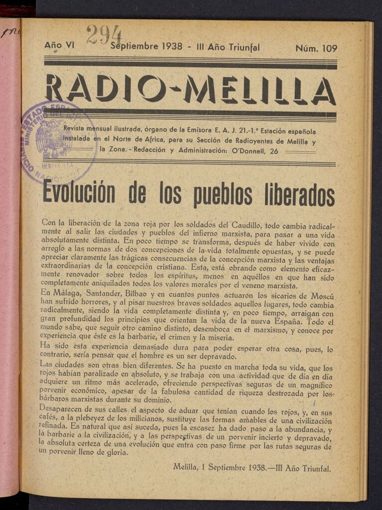 Miniatura de Radio Melilla de septiembre de 1938, nº 109