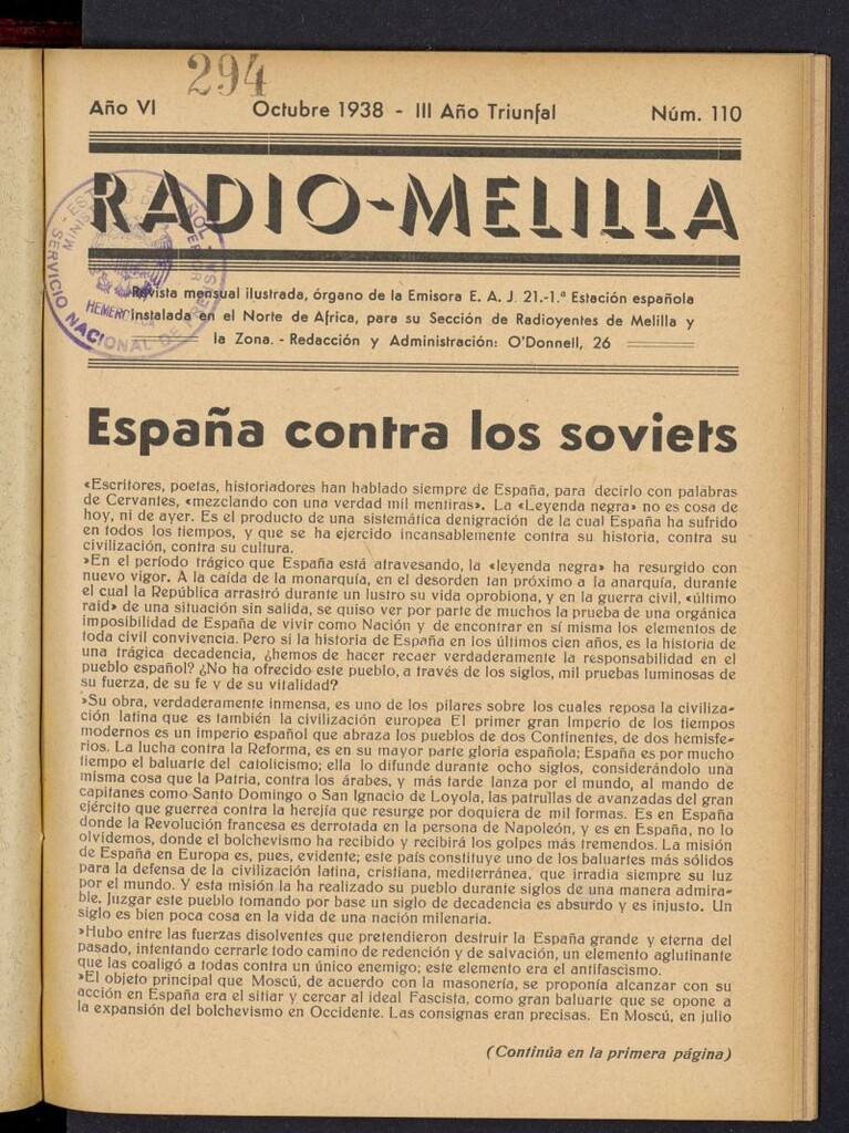 Miniatura de Radio Melilla de octubre de 1938, nº 110