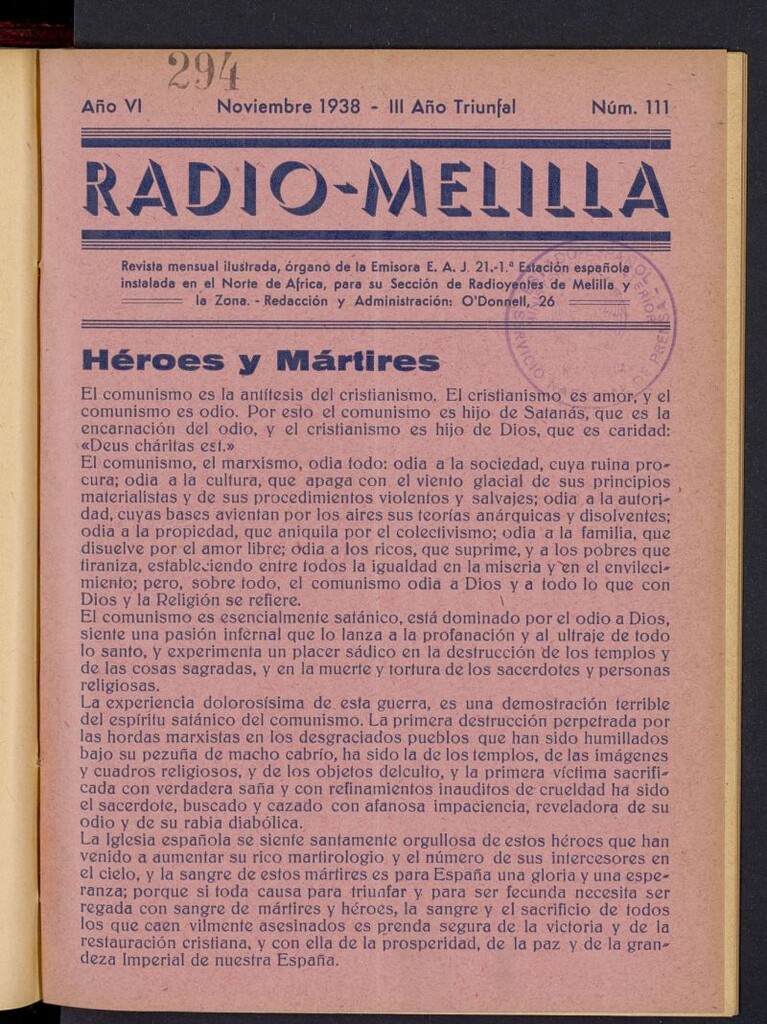 Miniatura de Radio Melilla de noviembre de 1938, nº 111