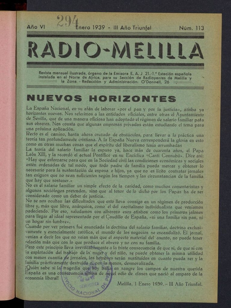 Miniatura de Radio Melilla de enero de 1939, nº 113