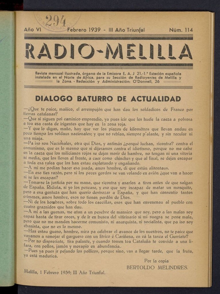 Miniatura de Radio Melilla de febrero de 1939, nº 114