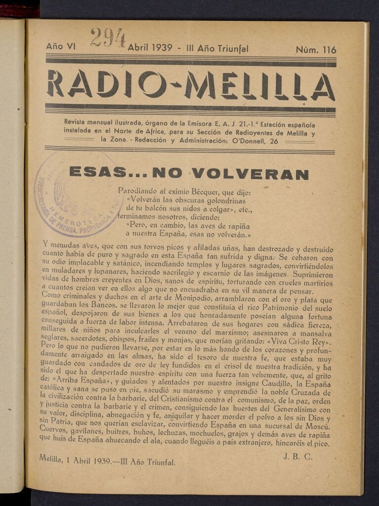 Miniatura de Radio Melilla de abril de 1939, nº 116
