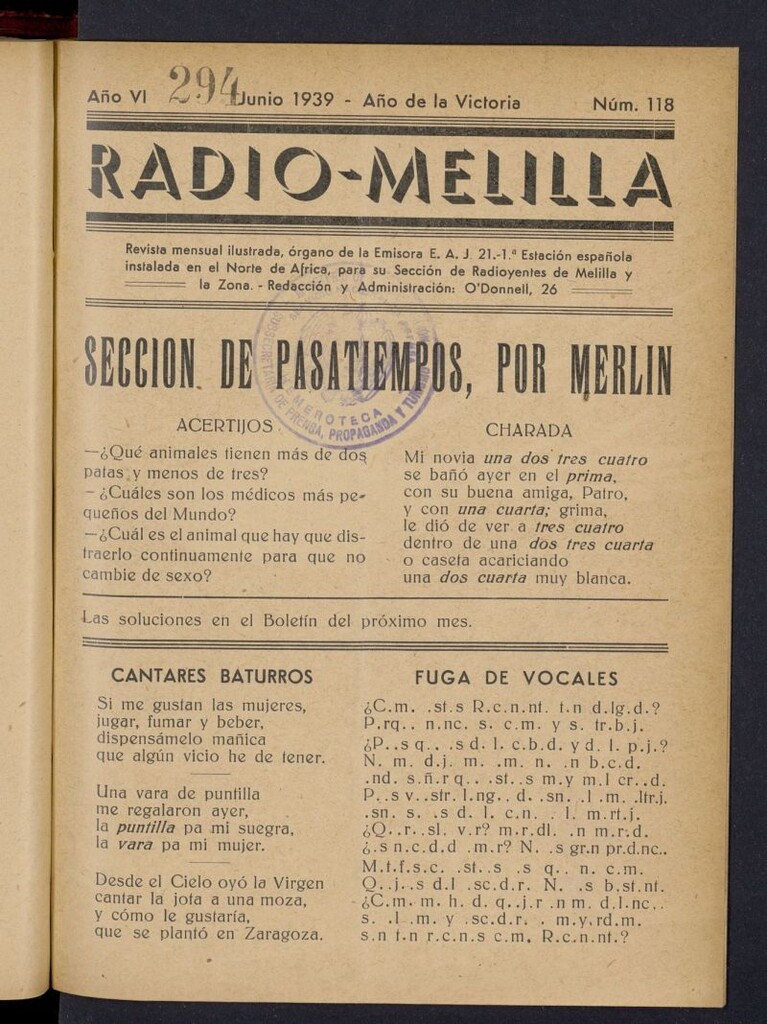 Miniatura de Radio Melilla de junio de 1939, nº 118