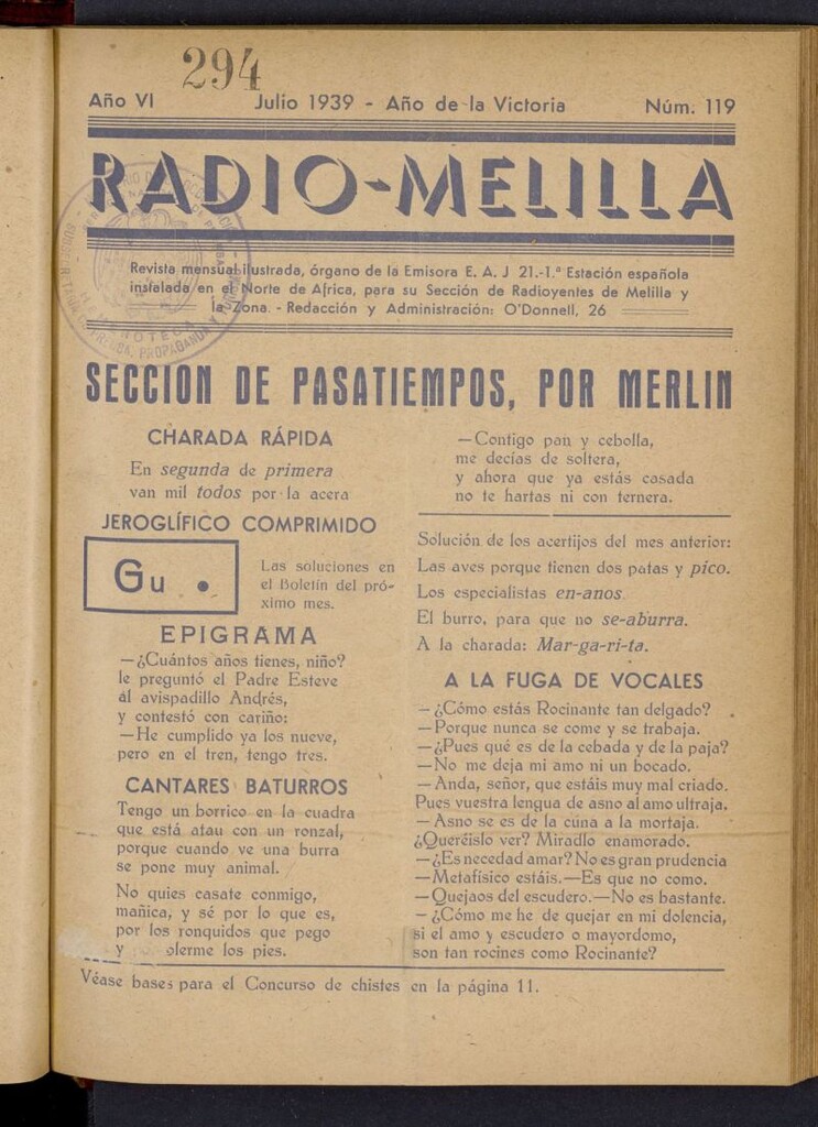 Miniatura de Radio Melilla de julio de 1939, nº 119