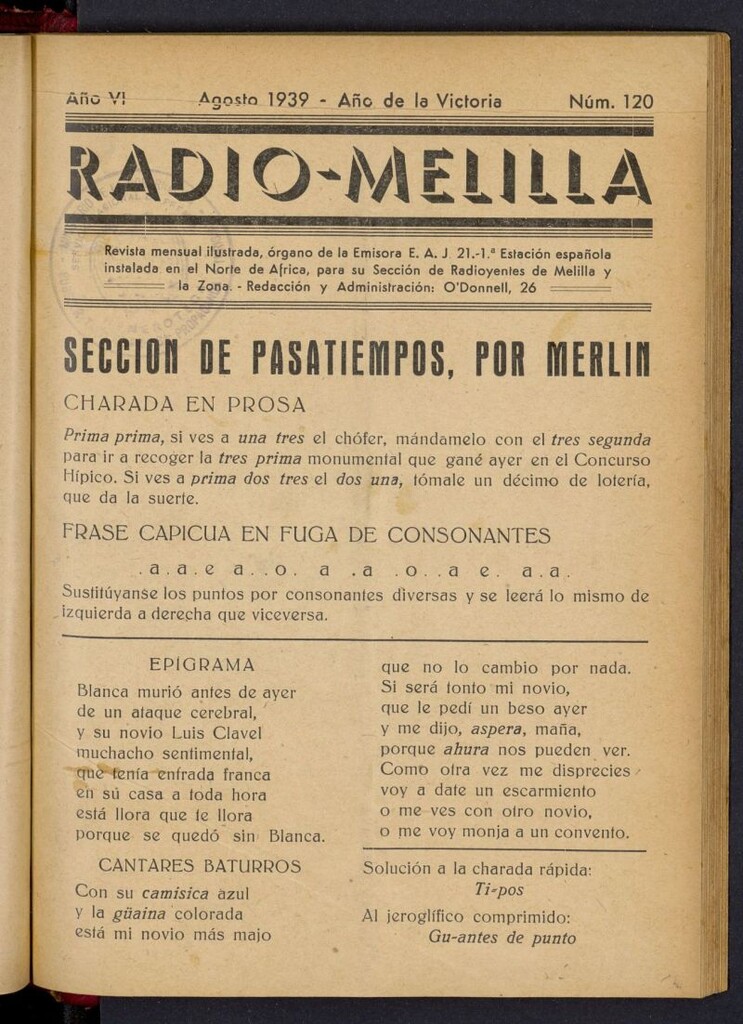 Miniatura de Radio Melilla de agosto de 1939, nº 120