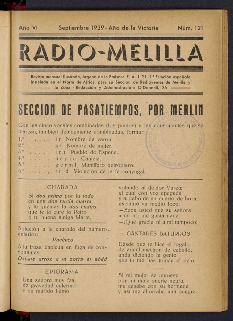 Miniatura de Radio Melilla de septiembre de 1939, nº 121