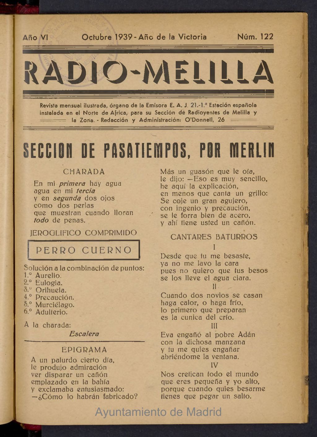 Miniatura de Radio Melilla de octubre de 1939, nº 122
