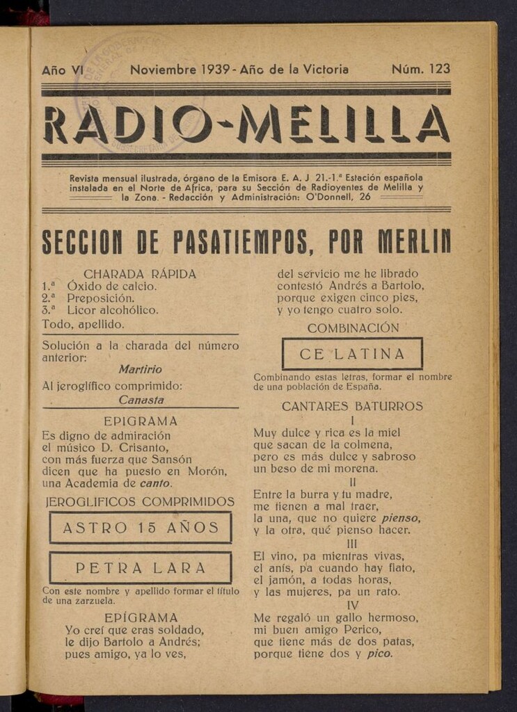 Miniatura de Radio Melilla de noviembre de 1939, nº 123