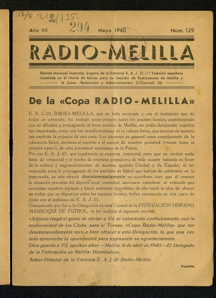 Miniatura de Radio Melilla de mayo de 1940, nº 129