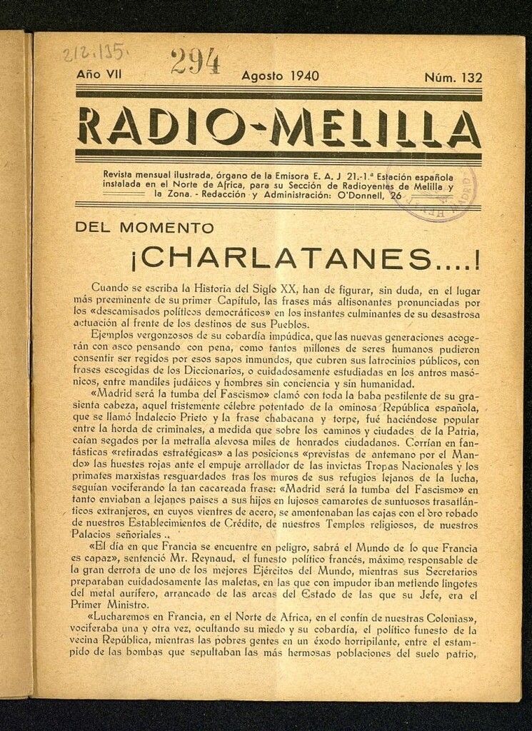 Miniatura de Radio Melilla de agosto de 1940, nº 132