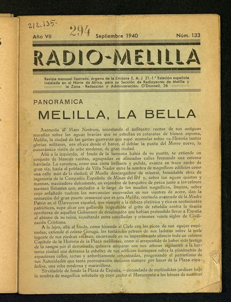 Miniatura de Radio Melilla de septiembre de 1940, nº 133