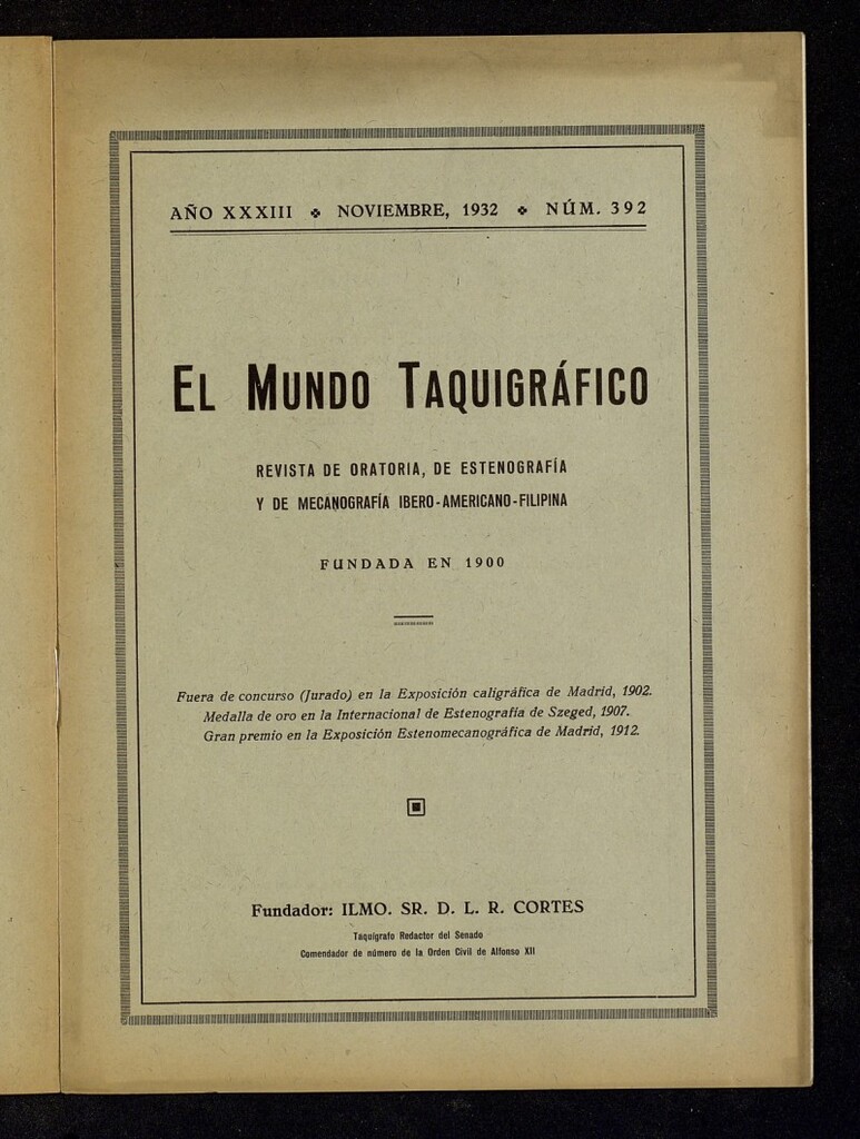 Miniatura de El Mundo Taquigráfico: revista mensual hispano-americana de oratoria y de estenografía. Noviembre de 1932, nº 392