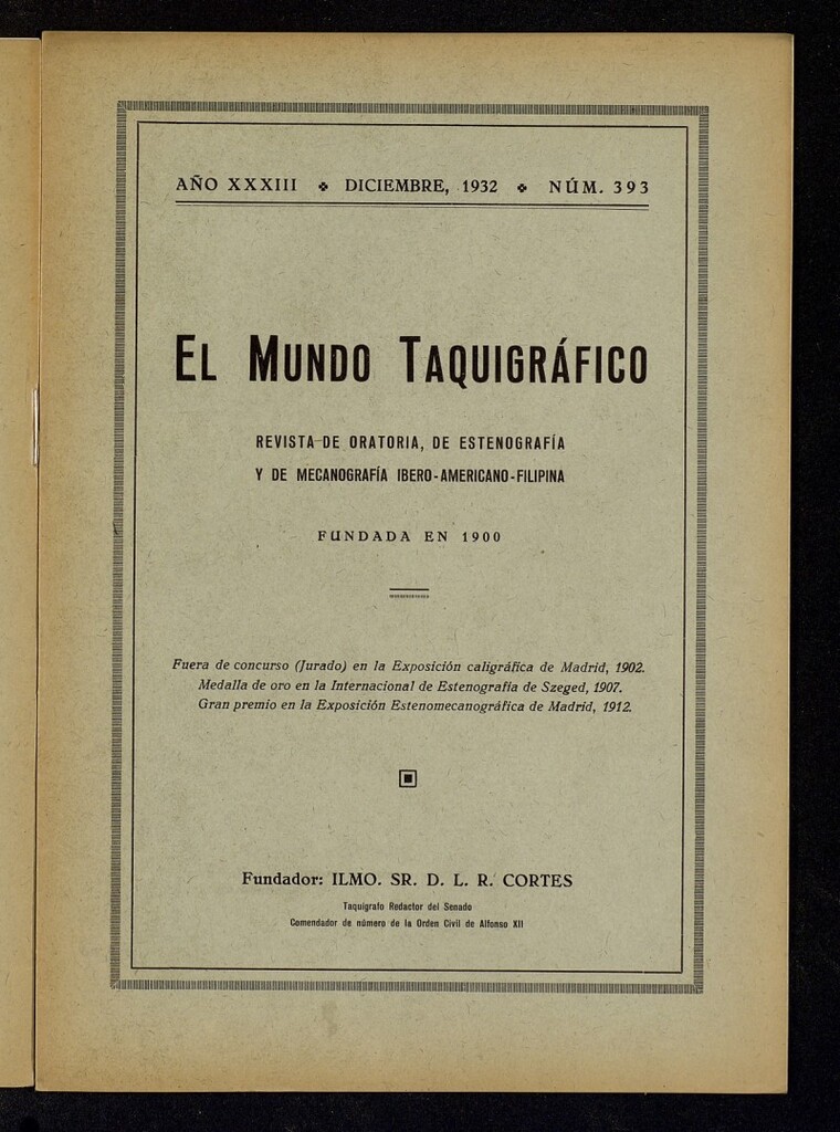 Miniatura de El Mundo Taquigráfico: revista mensual hispano-americana de oratoria y de estenografía. Diciembre de 1932, nº 393