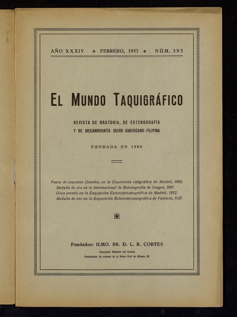 Miniatura de El Mundo Taquigráfico: revista mensual hispano-americana de oratoria y de estenografía. Febrero de 1933, nº 395