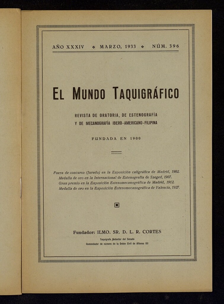 Miniatura de El Mundo Taquigráfico: revista mensual hispano-americana de oratoria y de estenografía. Marzo de 1933, nº 396