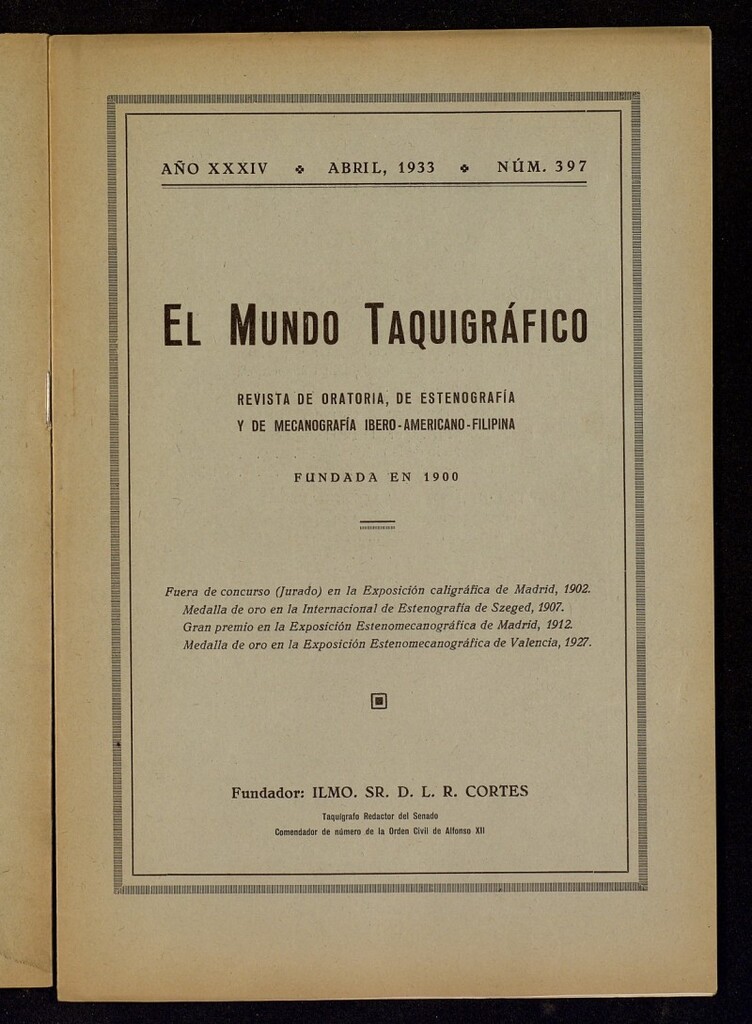 Miniatura de El Mundo Taquigráfico: revista mensual hispano-americana de oratoria y de estenografía. Abril de 1933, nº 397