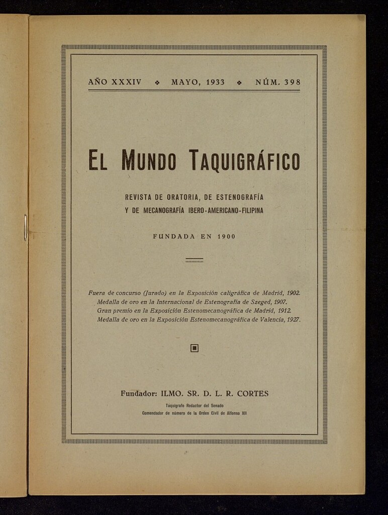 Miniatura de El Mundo Taquigráfico: revista mensual hispano-americana de oratoria y de estenografía. Mayo de 1933, nº 398