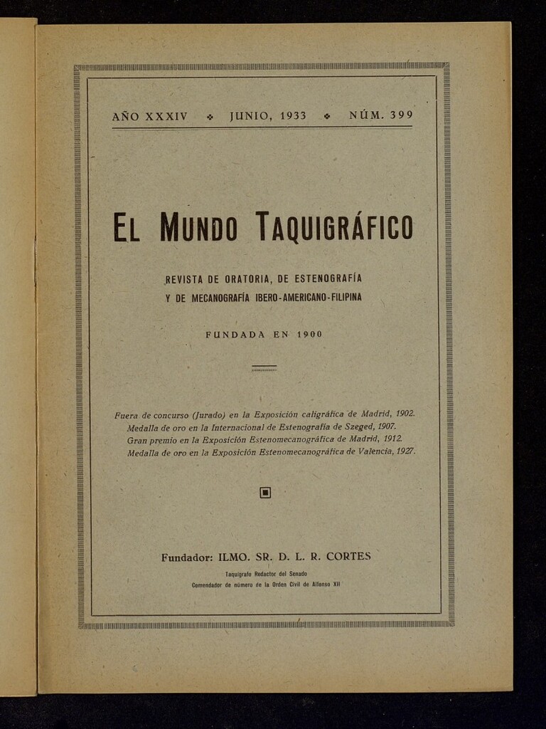 Miniatura de El Mundo Taquigráfico: revista mensual hispano-americana de oratoria y de estenografía. Junio de 1933, nº 399