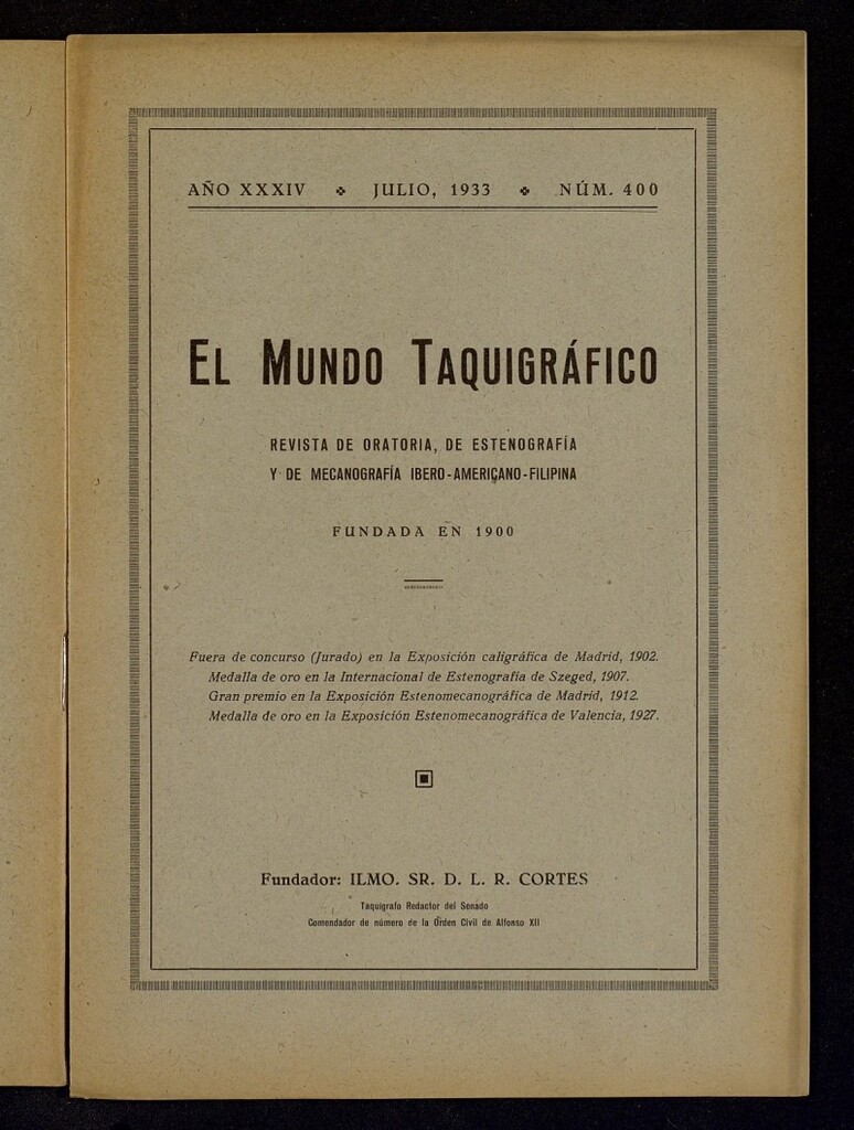 Miniatura de El Mundo Taquigráfico: revista mensual hispano-americana de oratoria y de estenografía. Julio de 1933, nº 400