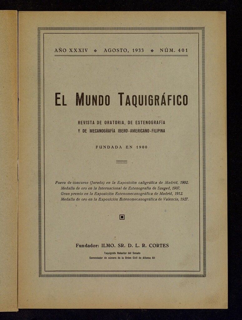 Miniatura de El Mundo Taquigráfico: revista mensual hispano-americana de oratoria y de estenografía. Agosto de 1933, nº 401