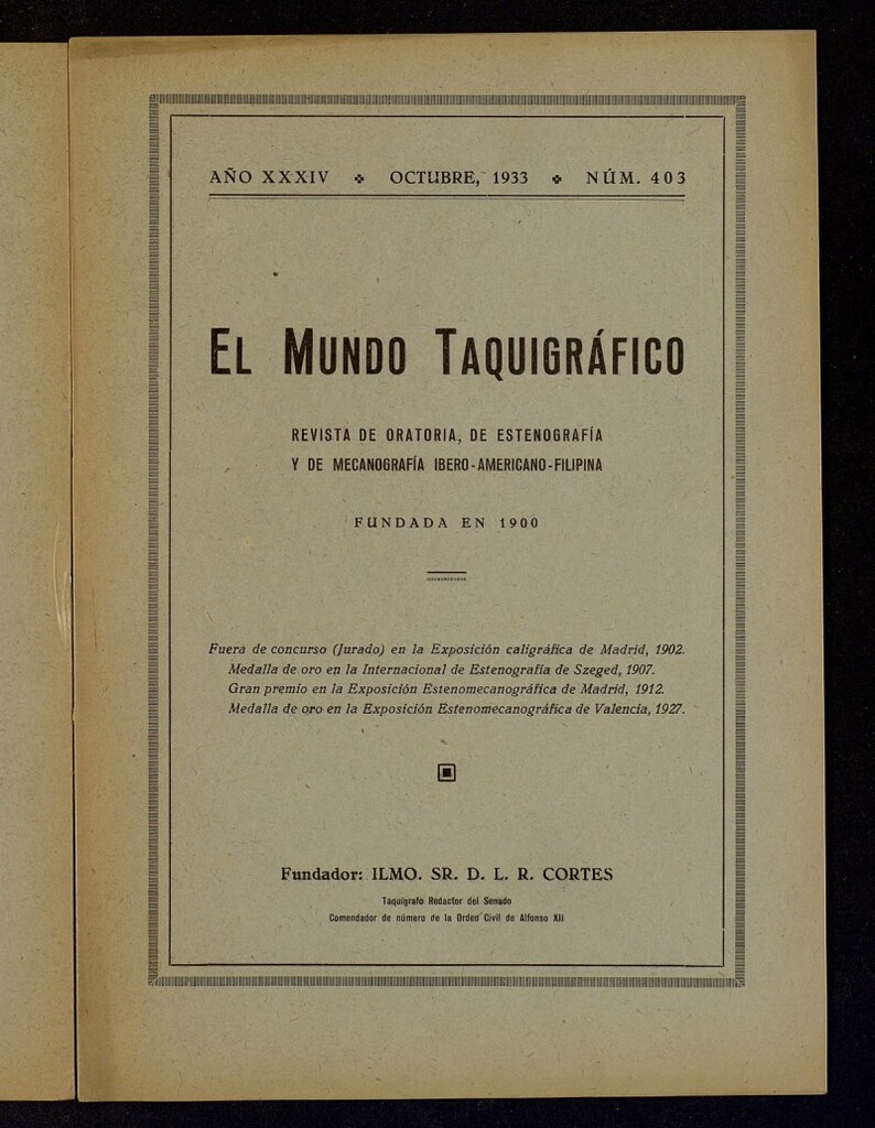 Miniatura de El Mundo Taquigráfico: revista mensual hispano-americana de oratoria y de estenografía. Octubre de 1933, nº 403