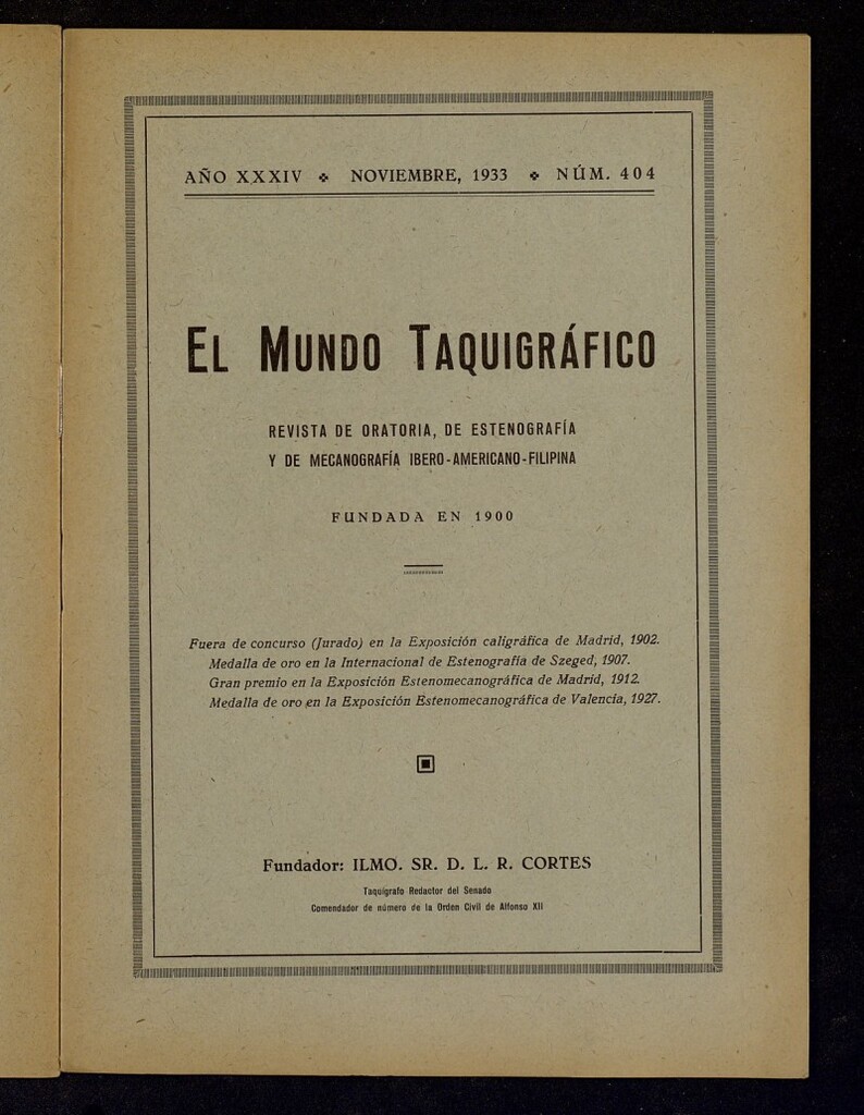 Miniatura de El Mundo Taquigráfico: revista mensual hispano-americana de oratoria y de estenografía. Noviembre de 1933, nº 404