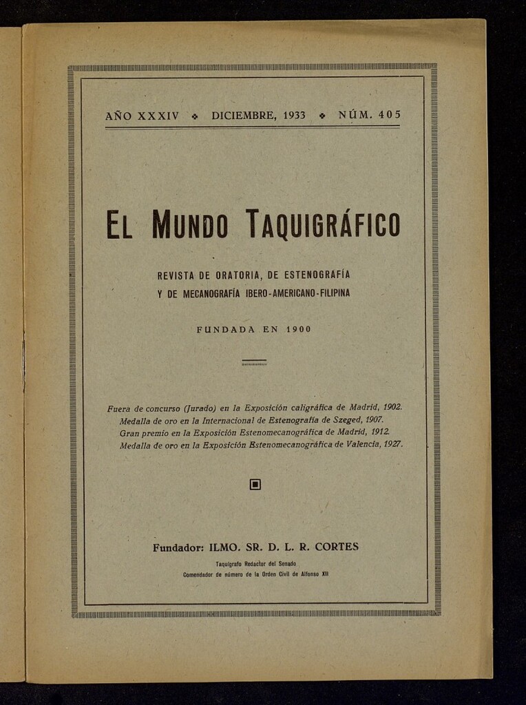 Miniatura de El Mundo Taquigráfico: revista mensual hispano-americana de oratoria y de estenografía. Diciembre de 1933, nº 405