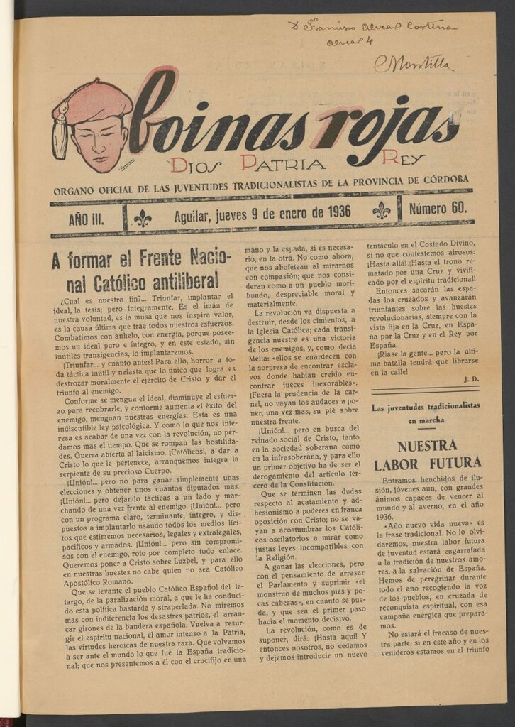 Miniatura de Boinas Rojas : semanario tradicionalista : Órgano Oficial de las Juventudes Tradicionalistas de Córdoba