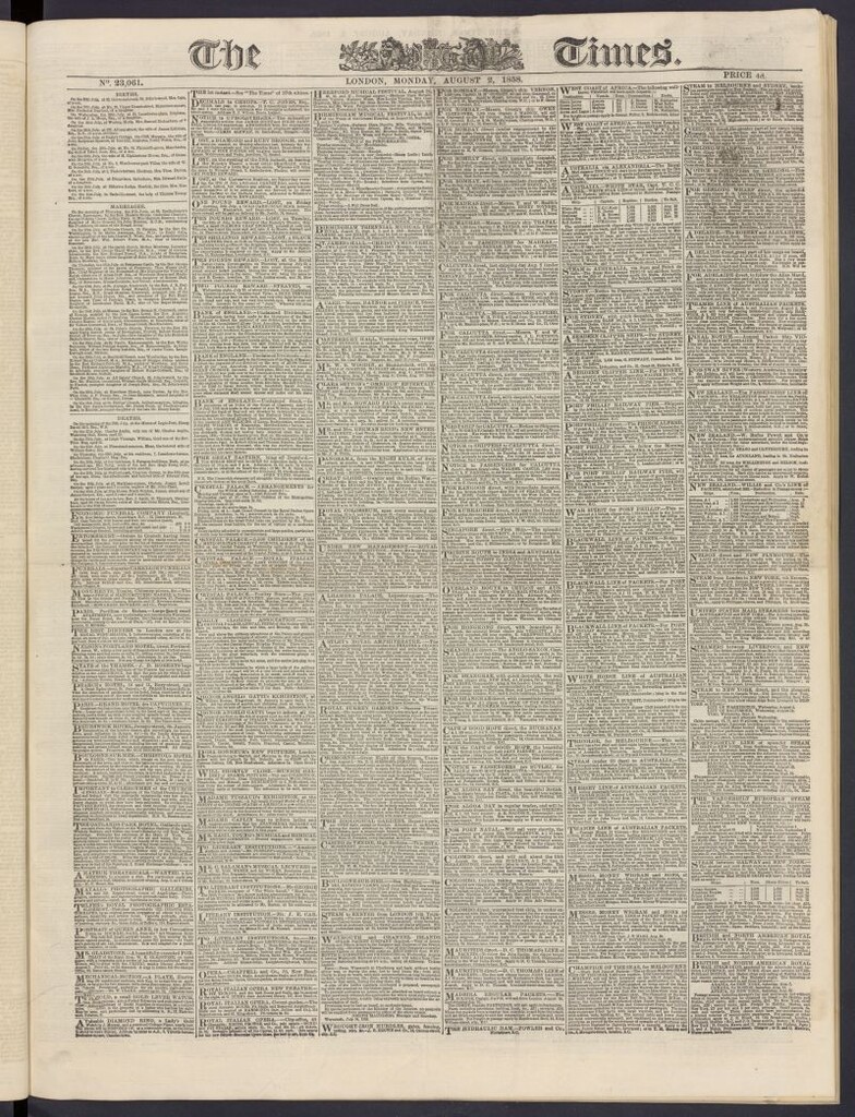 Miniatura de The Times del 2 de agosto de 1858, nº 23,061