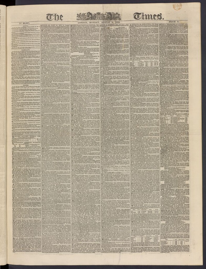 Miniatura de The Times del 9 de agosto de 1858, nº 23,067