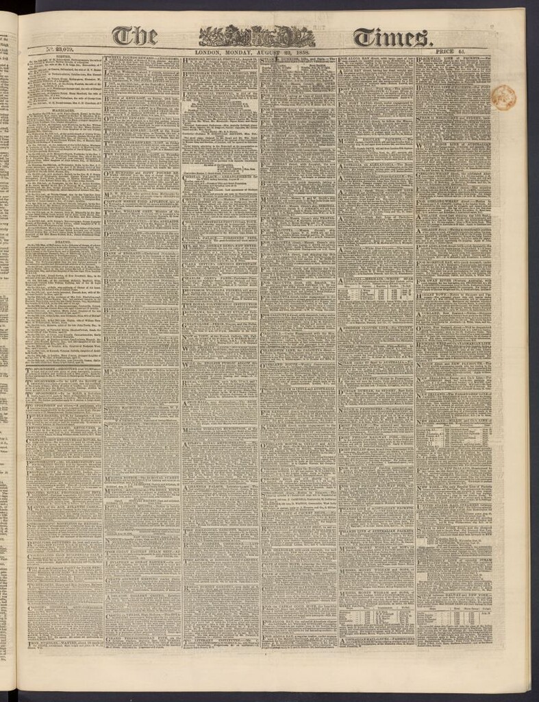 Miniatura de The Times del 23 de agosto de 1858, nº 23,079