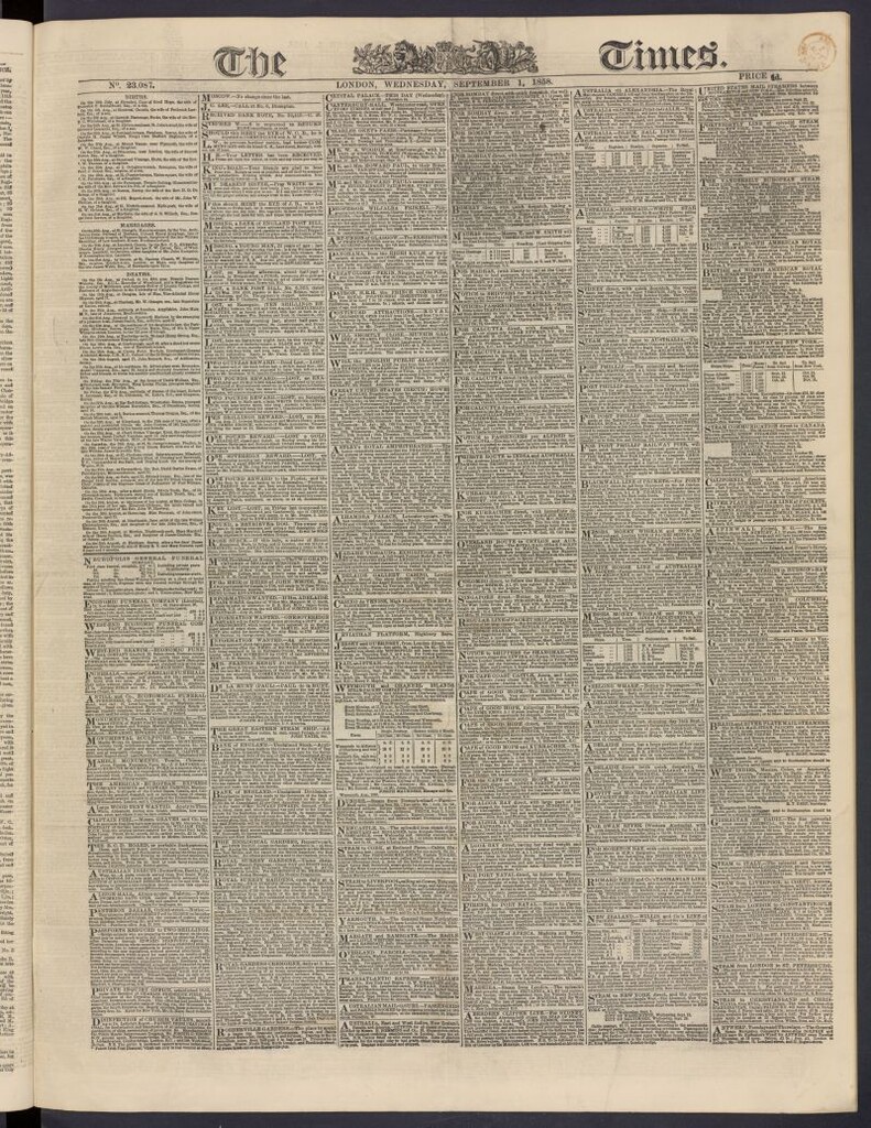 Miniatura de The Times del 1 de septiembre de 1858, nº 23,087