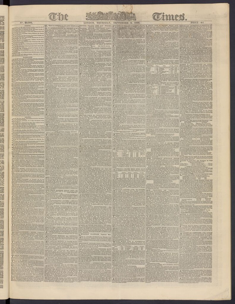 Miniatura de The Times del 2 de septiembre de 1858, nº 23,088