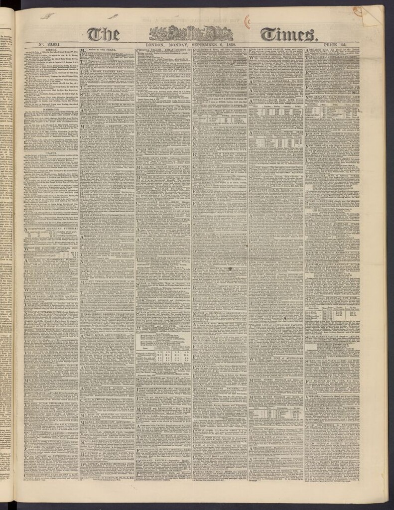 Miniatura de The Times del 6 de septiembre de 1858, nº 23,091