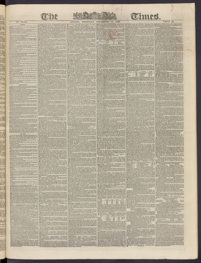Miniatura de The Times del 16 de septiembre de 1858, nº 23,100