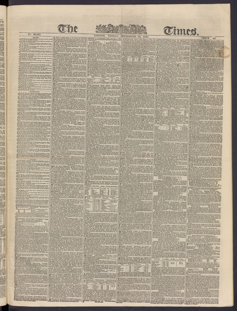 Miniatura de The Times del 24 de septiembre de 1858, nº 23,107