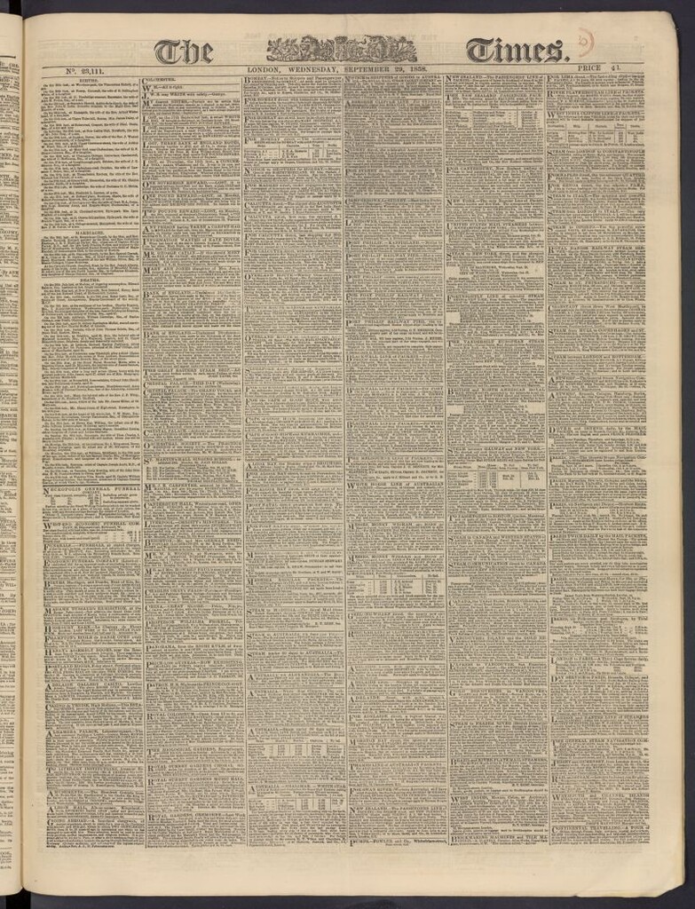 Miniatura de The Times del 29 de septiembre de 1858, nº 23,111