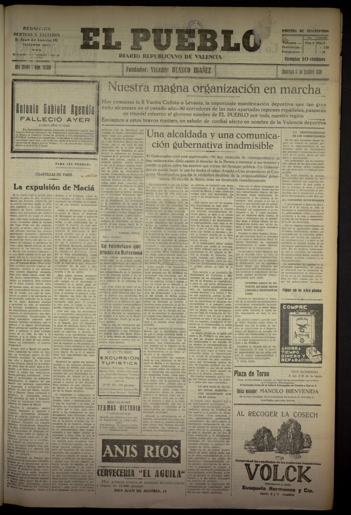 Miniatura de El Pueblo : Diario republicano de Valencia del 5 de octubre de 1930, nº 13258
