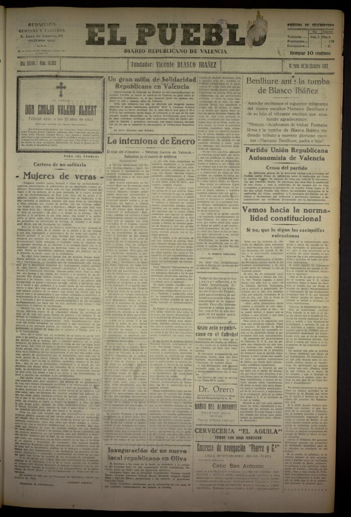 Miniatura de El Pueblo : Diario republicano de Valencia del 10 de octubre de 1930, nº 13262