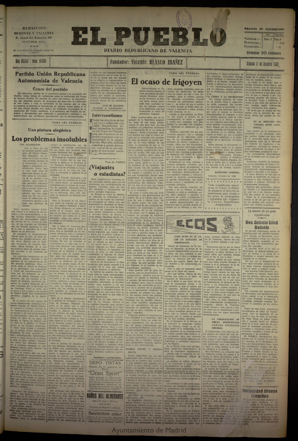 Miniatura de El Pueblo : Diario republicano de Valencia del 11 de octubre de 1930, nº 13263