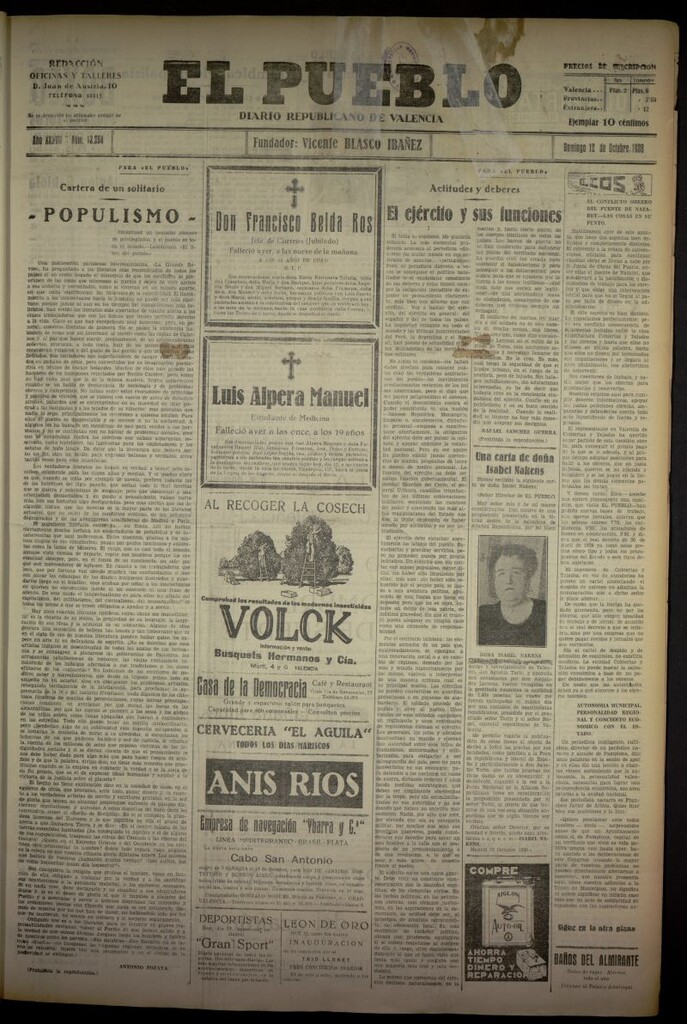 Miniatura de El Pueblo : Diario republicano de Valencia del 12 de octubre de 1930, nº 13264