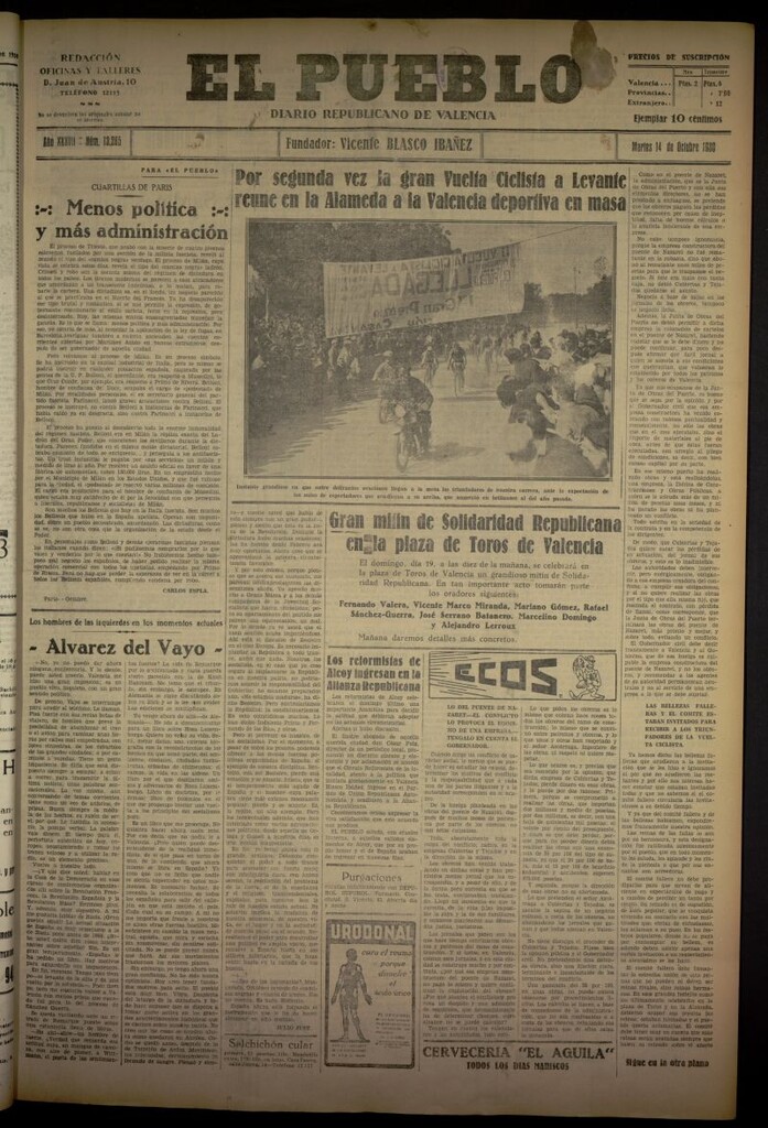 Miniatura de El Pueblo : Diario republicano de Valencia del 14 de octubre de 1930, nº 13265